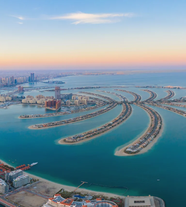 Aerial view of Palm Jumeirah, Dubai, at sunset.